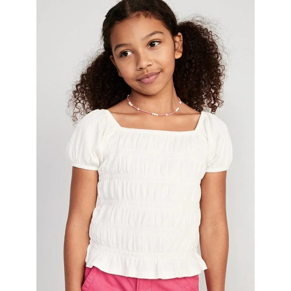 Old Navy Cream Puckered Jacquard Knit Smocked Short Sleeve Top S‎